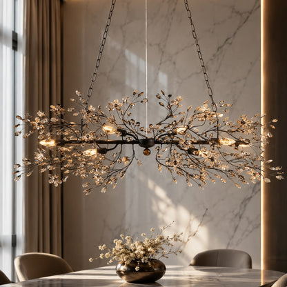 Fiore Linear Chandelier Crystal Flower Brass 8 or 10 Light
