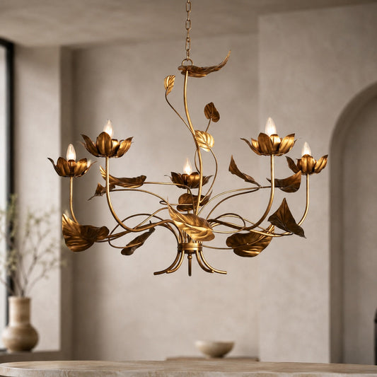 Antiqued Gold Branch Leaf Chandelier Iron 5 or 6 Light