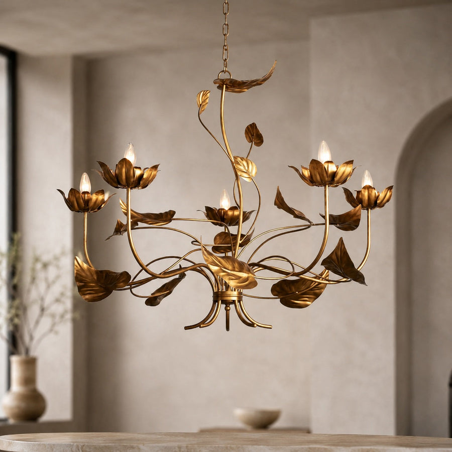 Antiqued Gold Branch Leaf Chandelier Iron 5 or 6 Light