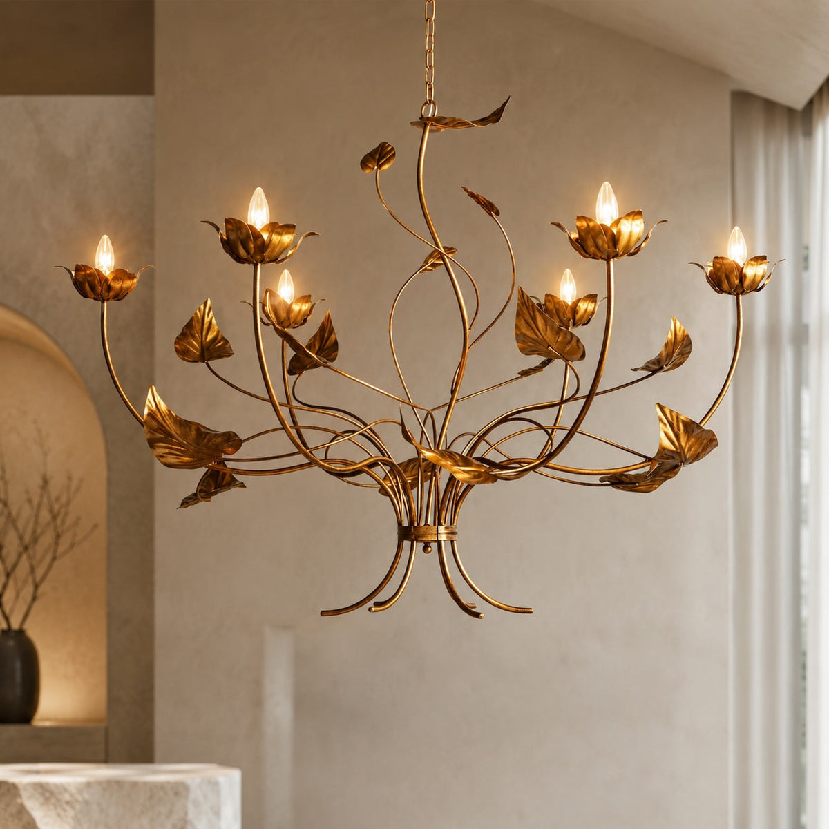 Antiqued Gold Branch Leaf Chandelier Iron 5 or 6 Light
