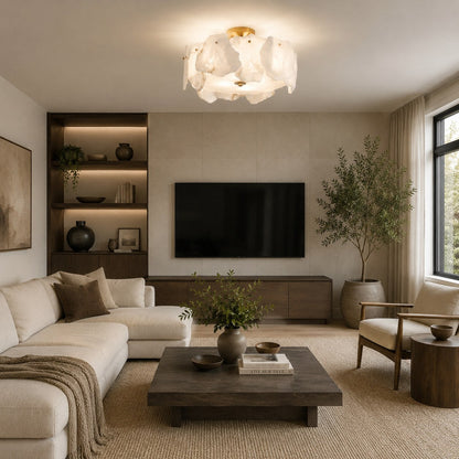 Contemporary Flush Mount Ceiling Light Copper Base Alabaster Panels Soft Diffused Lighting