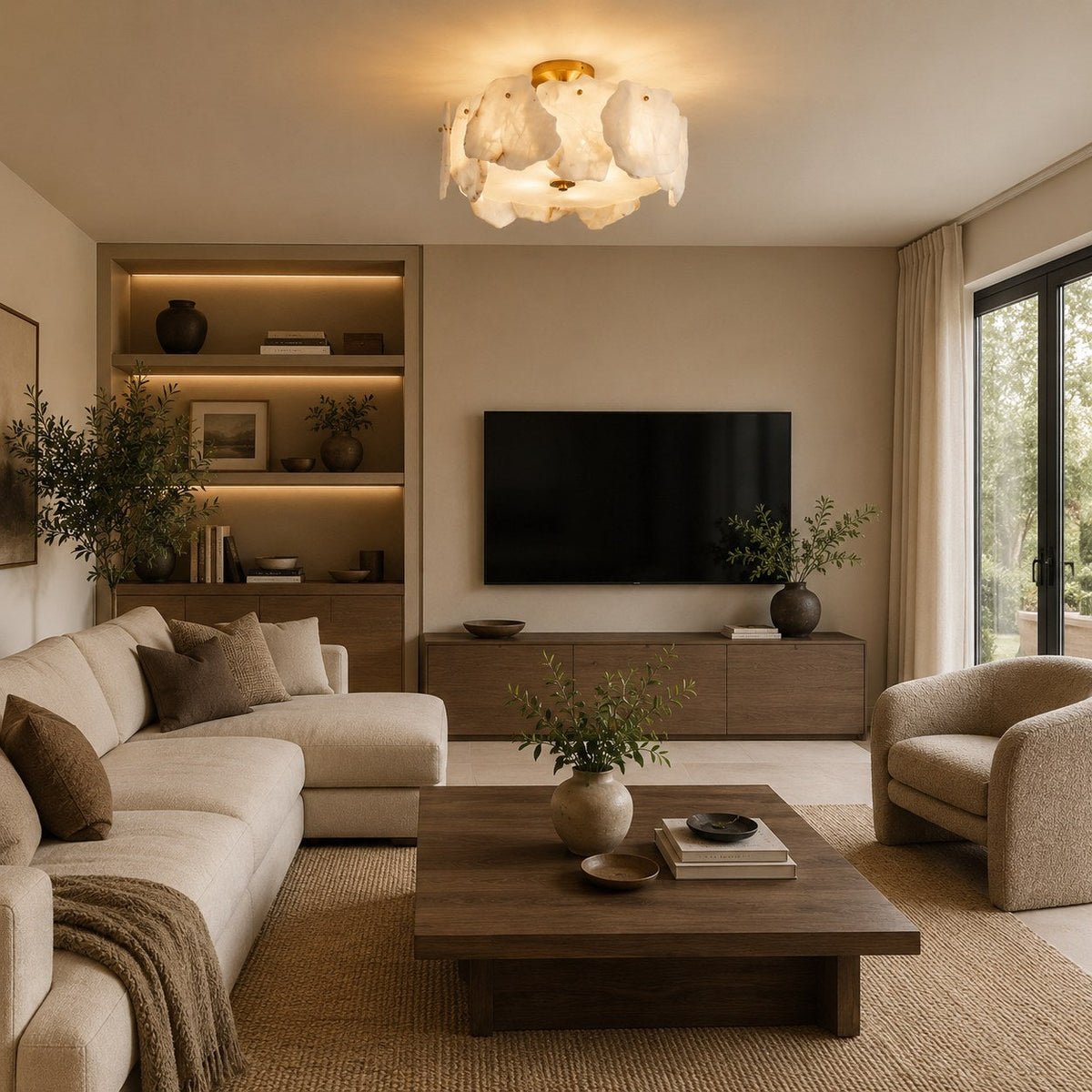 Contemporary Flush Mount Ceiling Light Copper Base Alabaster Panels Soft Diffused Lighting