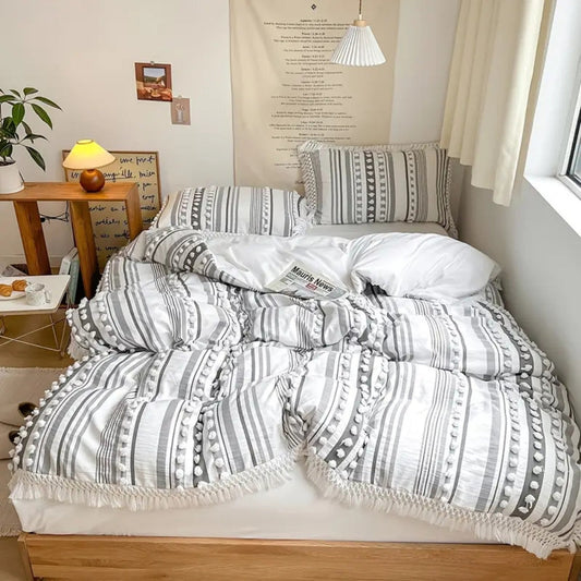Tufted Stripe Tassel Quilt Cover Set Cotton Microfibre Blend