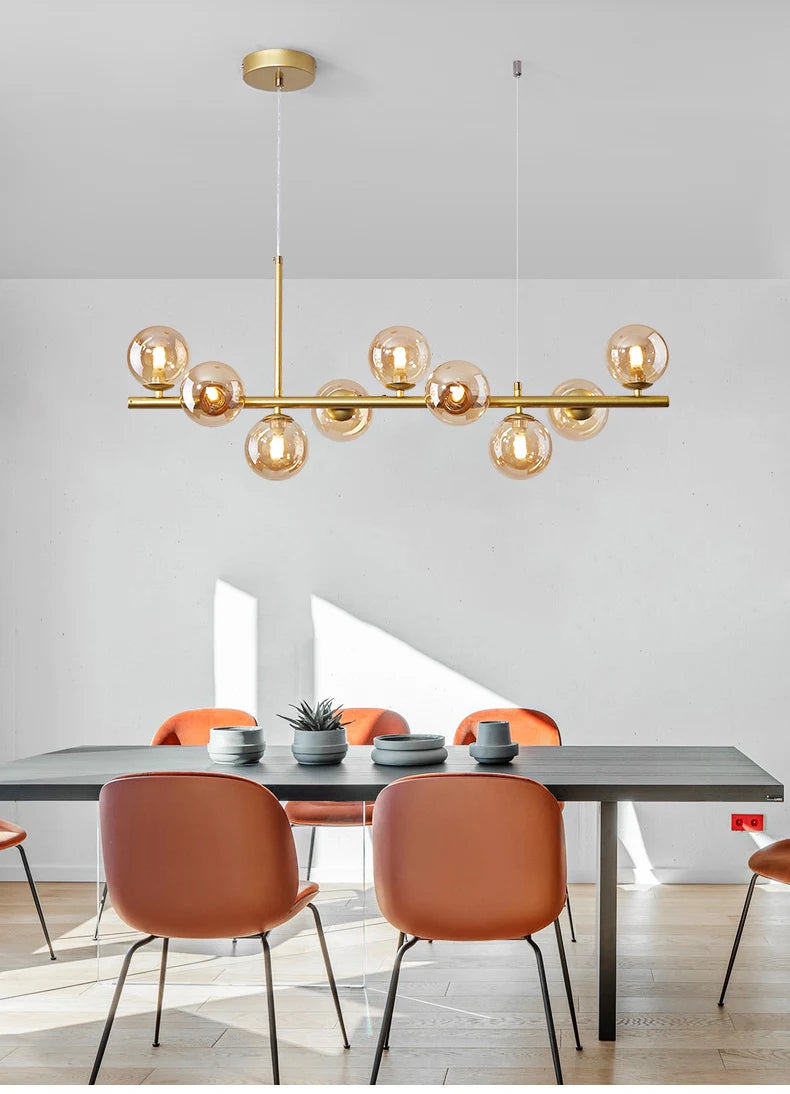 Nordic Modern LED Glass Ball Pendant Light Gold Black Heads Hanging Chandelier Dining