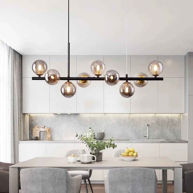 Nordic Modern LED Glass Ball Pendant Light Gold Black Heads Hanging Chandelier Dining
