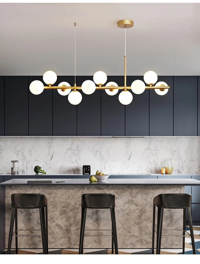 Nordic Modern LED Glass Ball Pendant Light Gold Black Heads Hanging Chandelier Dining