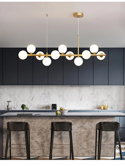 Nordic Modern LED Glass Ball Pendant Light Gold Black Heads Hanging Chandelier Dining