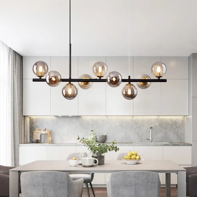Nordic Modern LED Glass Ball Pendant Light Gold Black Heads Hanging Chandelier Dining