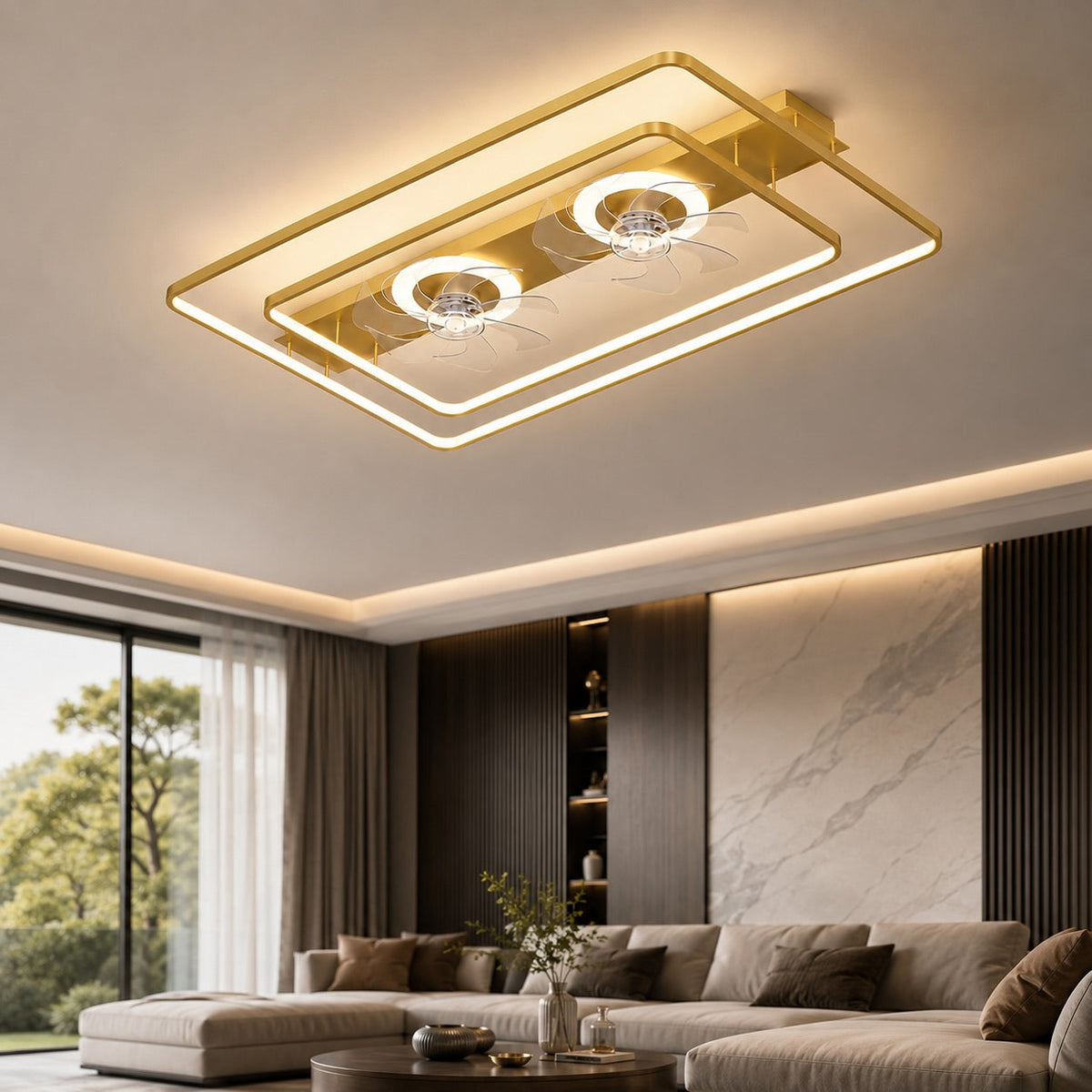 Rectangular Twin Fan Flush Mount Ceiling Fan with Tri-Colour LED Light