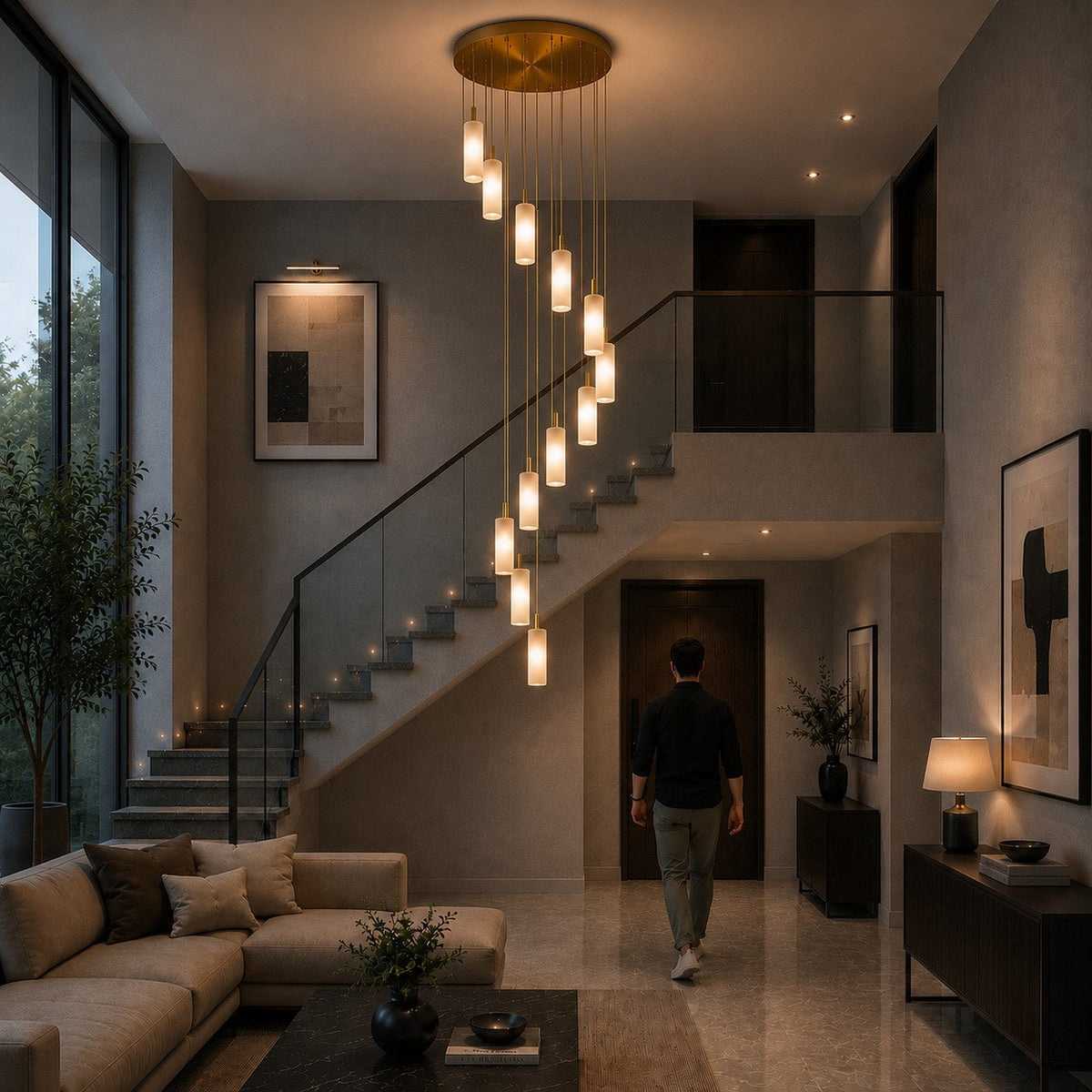 Alabaster Chandelier Adjustable Staircase Foyer LED