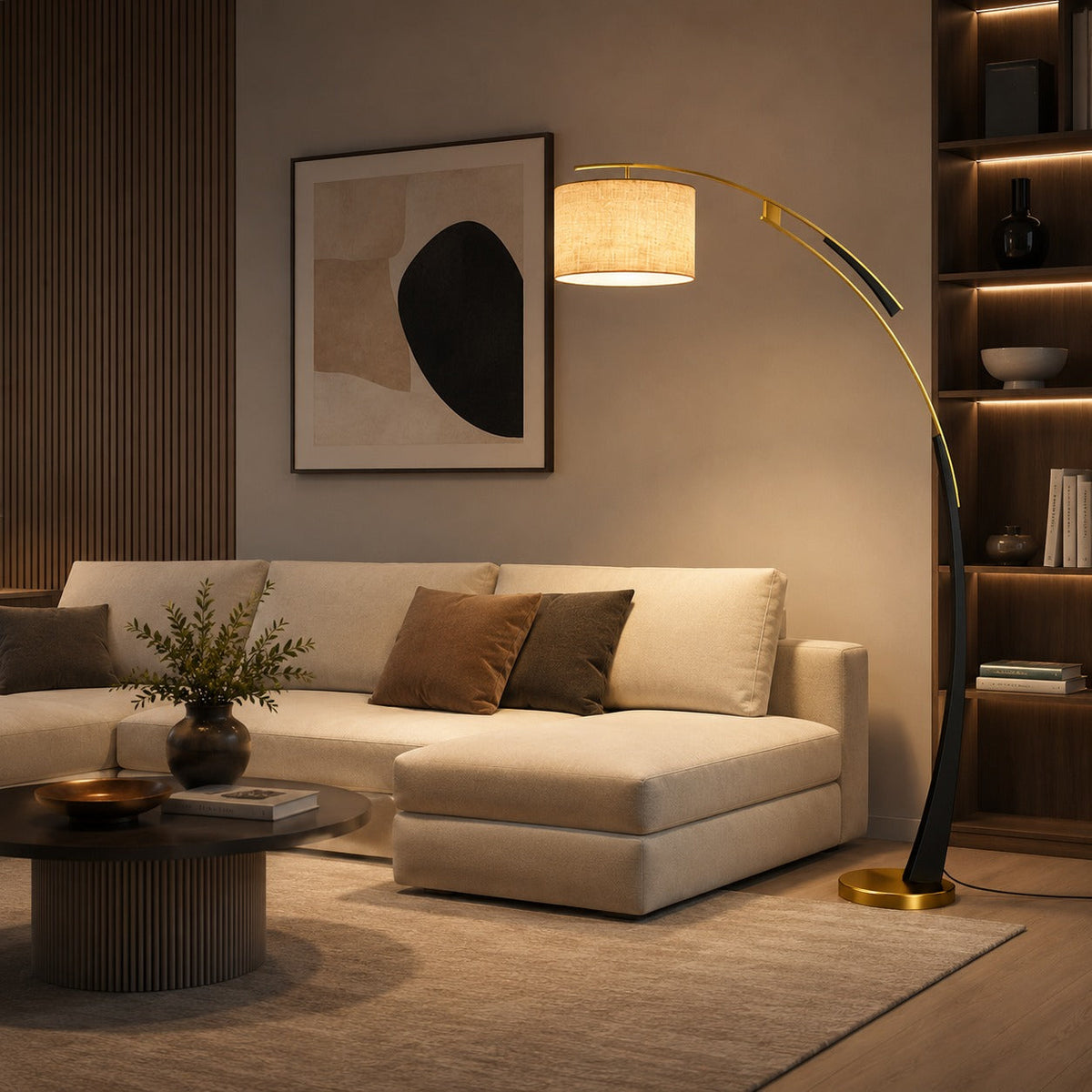 Arc Floor Lamp Iron Fabric Shade USB Adjustable Light