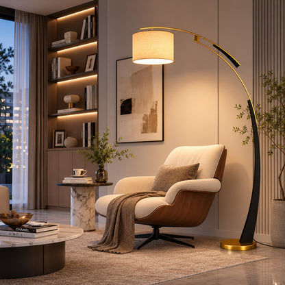 Arc Floor Lamp Iron Fabric Shade USB Adjustable Light