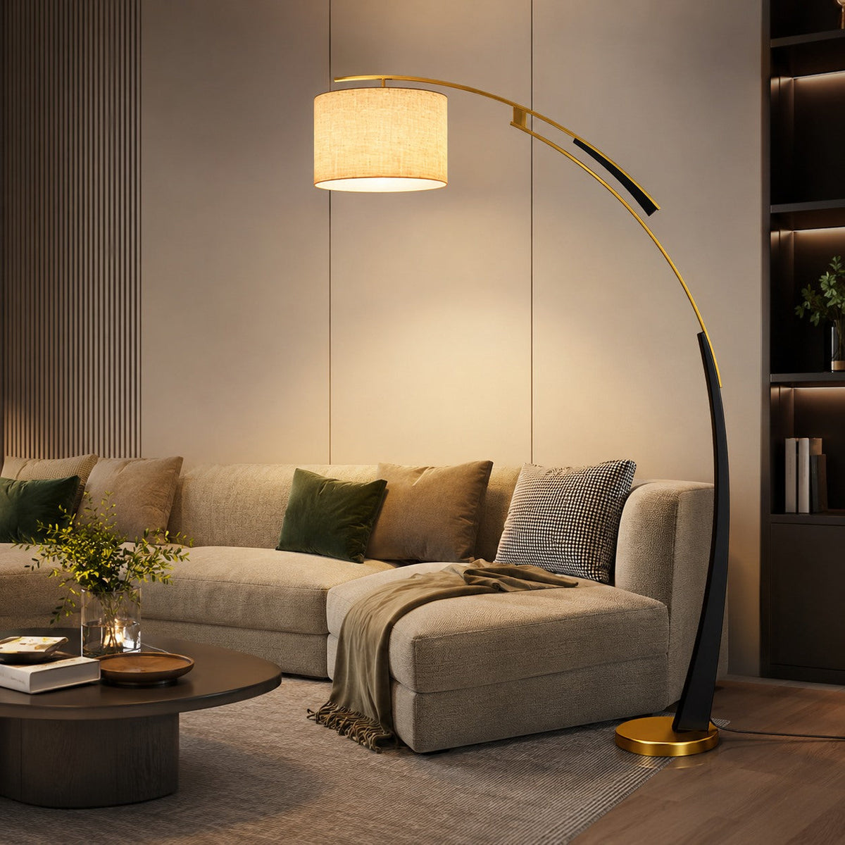 Arc Floor Lamp Iron Fabric Shade USB Adjustable Light