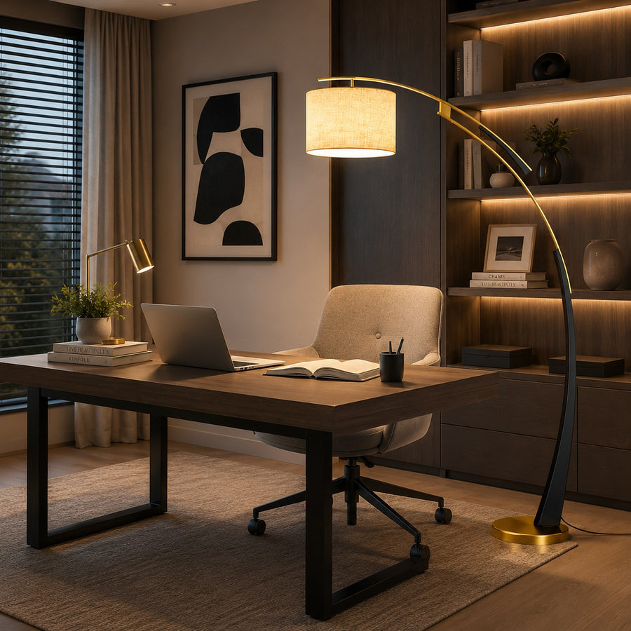 Arc Floor Lamp Iron Fabric Shade USB Adjustable Light