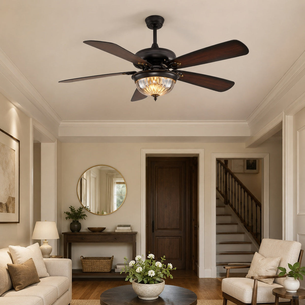 Country Style Wood Blade Ceiling Fan with Glass Shade Lights Dimmable LED Black