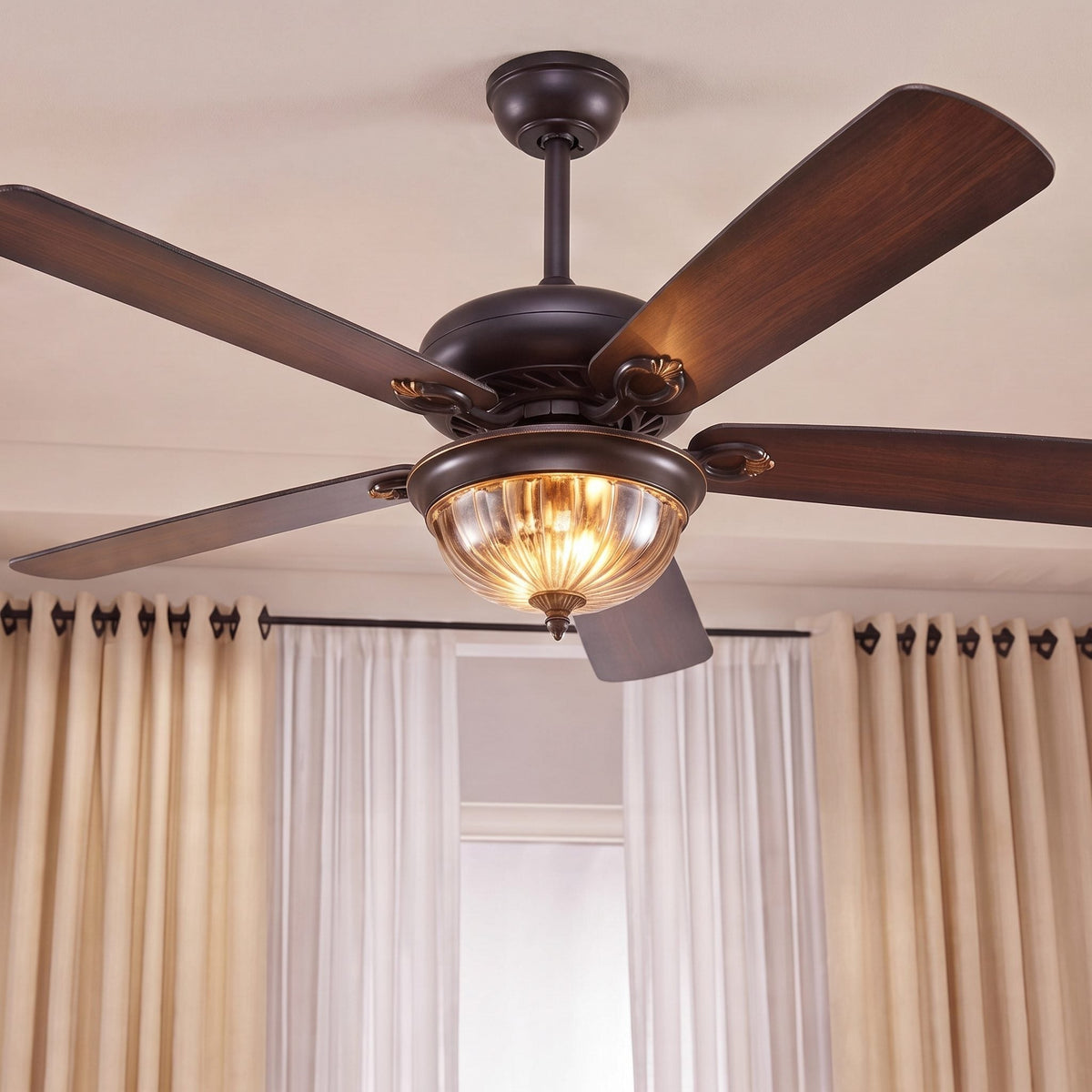 Country Style Wood Blade Ceiling Fan with Glass Shade Lights Dimmable LED Black