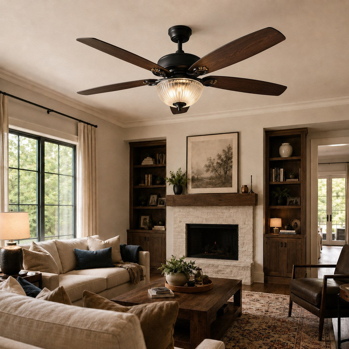 Country Style Wood Blade Ceiling Fan with Glass Shade Lights Dimmable LED Black