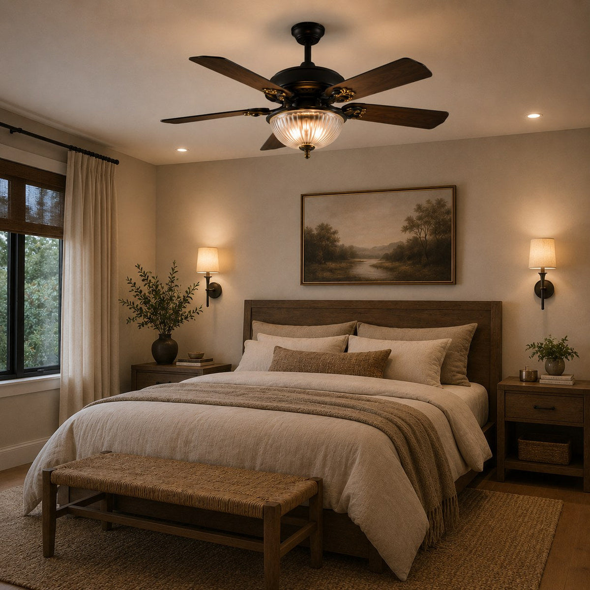 Country Style Wood Blade Ceiling Fan with Glass Shade Lights Dimmable LED Black