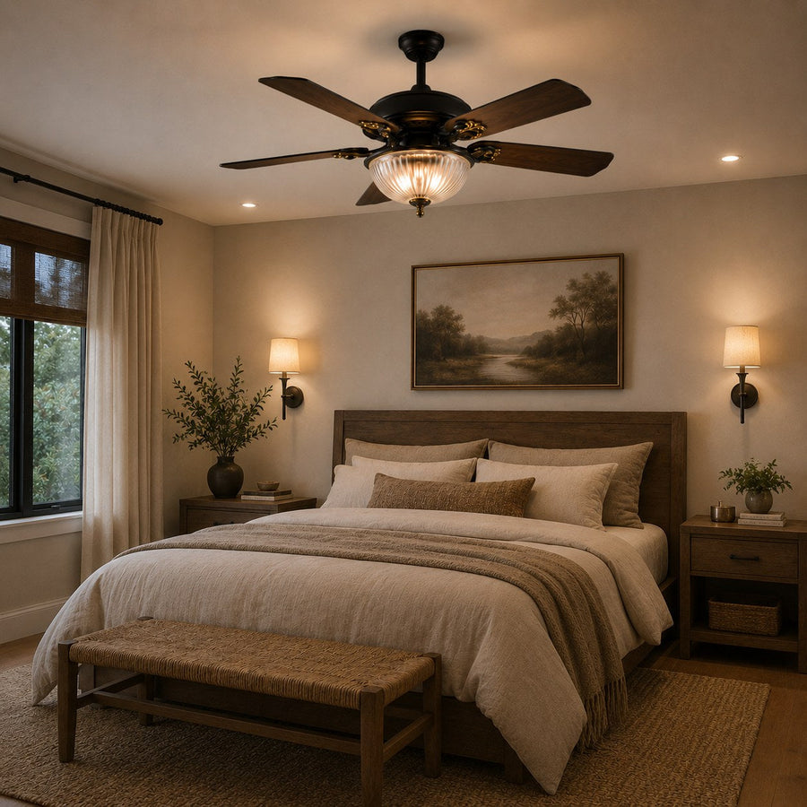 Country Style Wood Blade Ceiling Fan with Glass Shade Lights Dimmable LED Black
