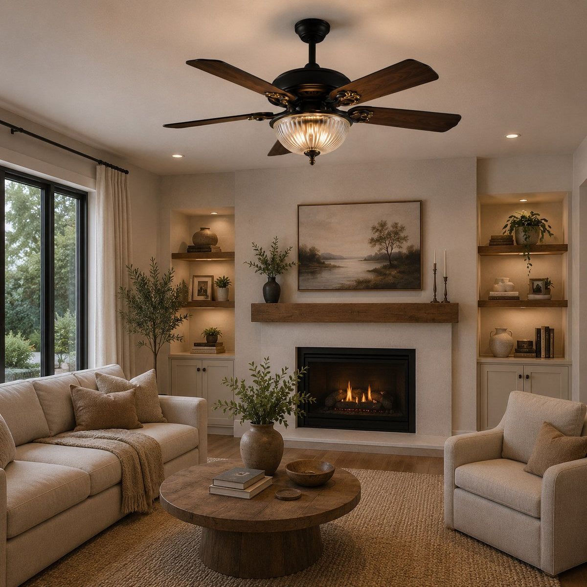 Country Style Wood Blade Ceiling Fan with Glass Shade Lights Dimmable LED Black