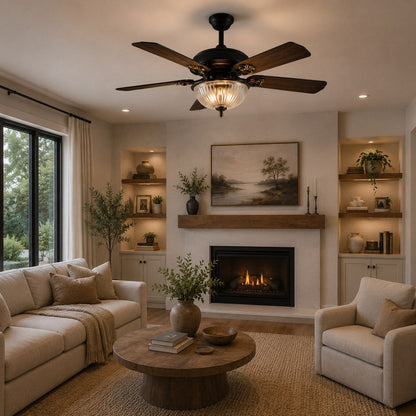 Country Style Wood Blade Ceiling Fan with Glass Shade Lights Dimmable LED Black