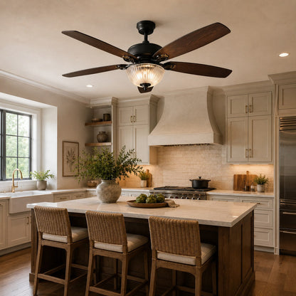 Country Style Wood Blade Ceiling Fan with Glass Shade Lights Dimmable LED Black