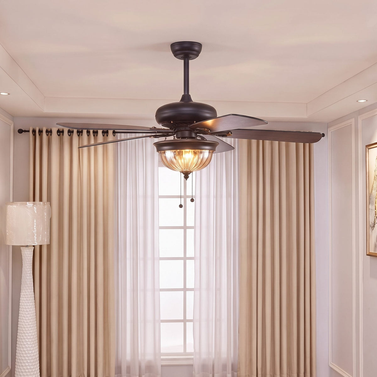Country Style Wood Blade Ceiling Fan with Glass Shade Lights Dimmable LED Black