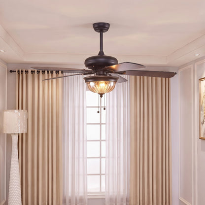 Country Style Wood Blade Ceiling Fan with Glass Shade Lights Dimmable LED Black