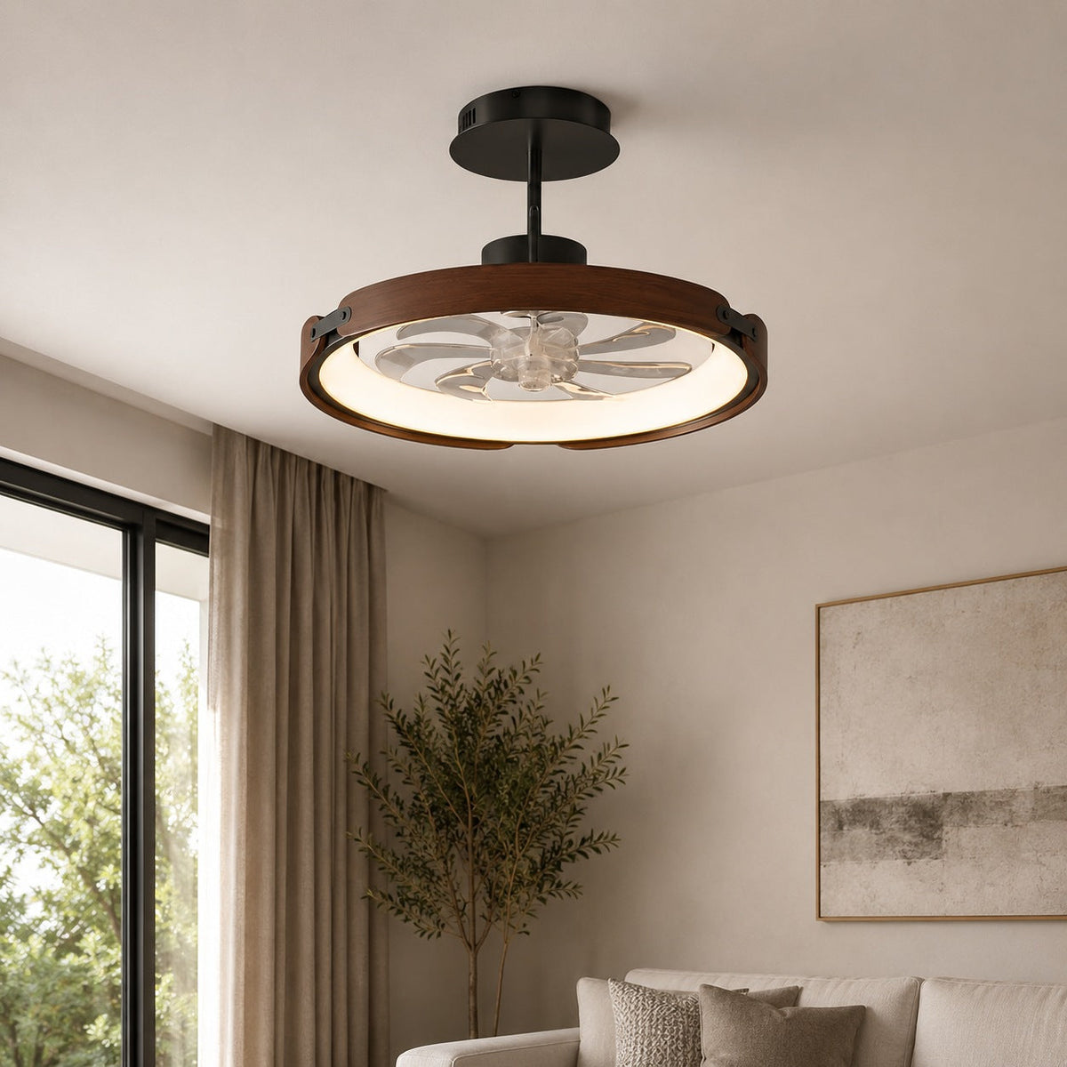 Wood & Acrylic Bladeless Ceiling Fan with 58W Tri-Colour LED App Control 52 cm