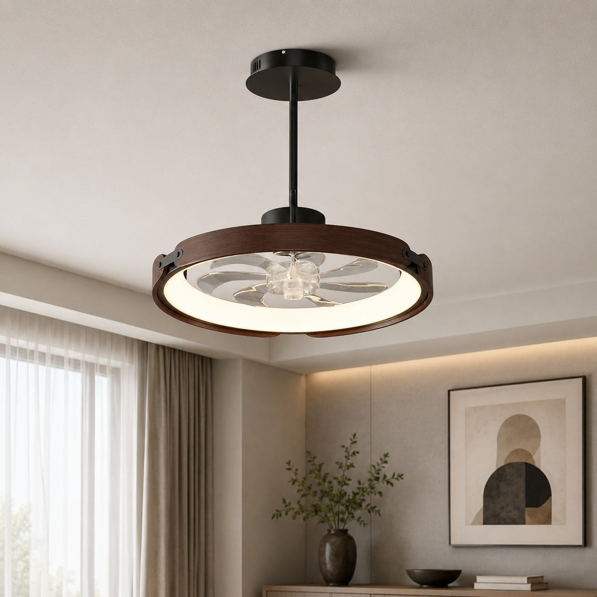 Wood & Acrylic Bladeless Ceiling Fan with 58W Tri-Colour LED App Control 52 cm