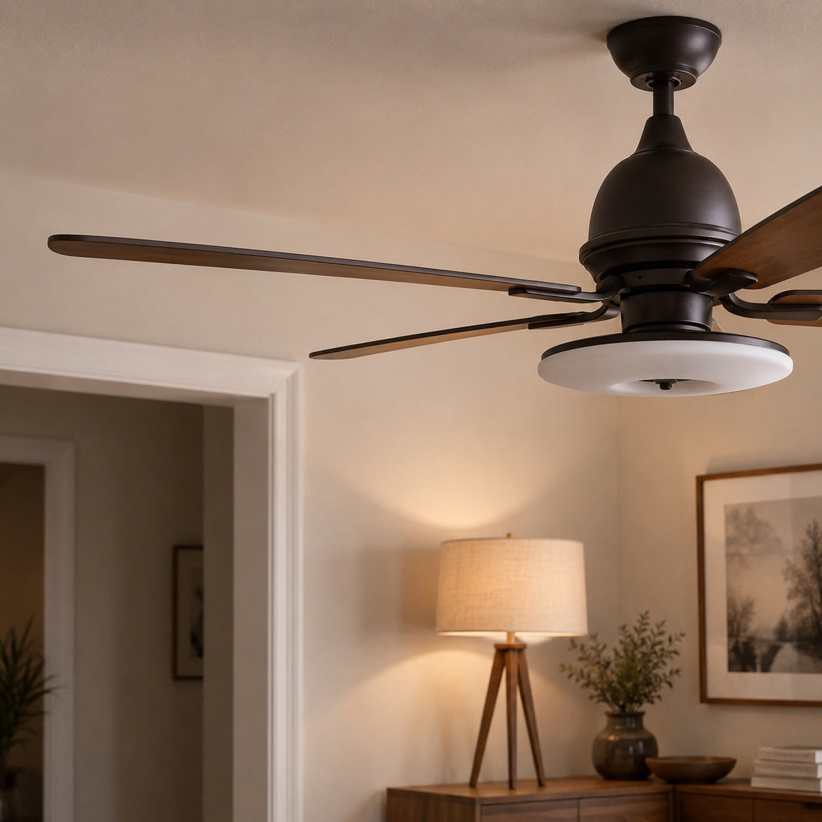 Plywood Blade Ceiling Fan with Glass Shade 50W Tri-Colour LED Light 132 cm