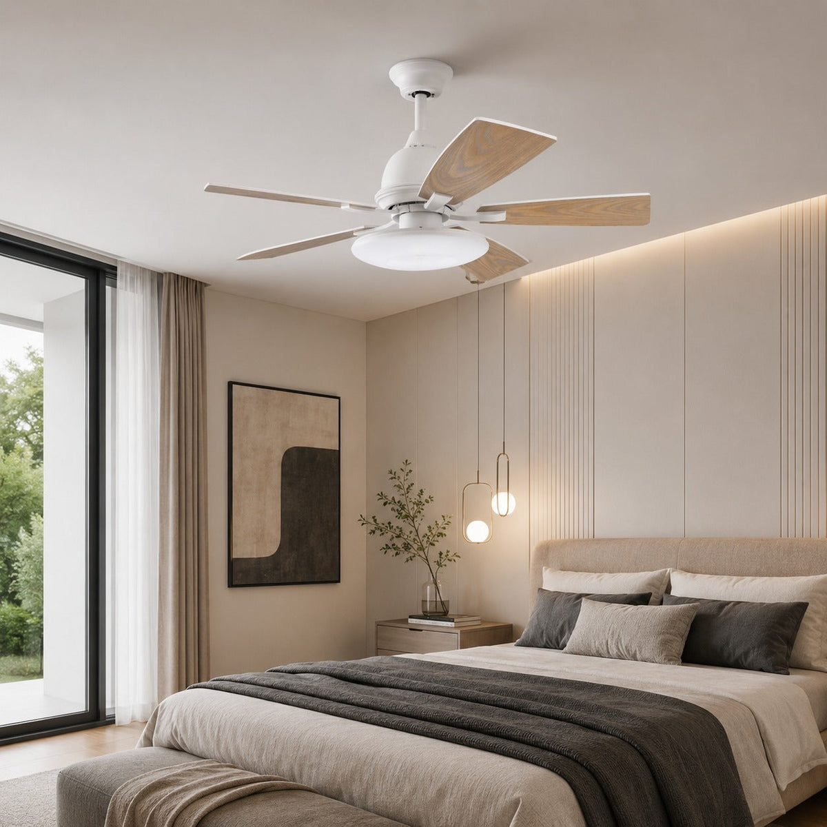 Plywood Blade Ceiling Fan with Glass Shade 50W Tri-Colour LED Light 132 cm