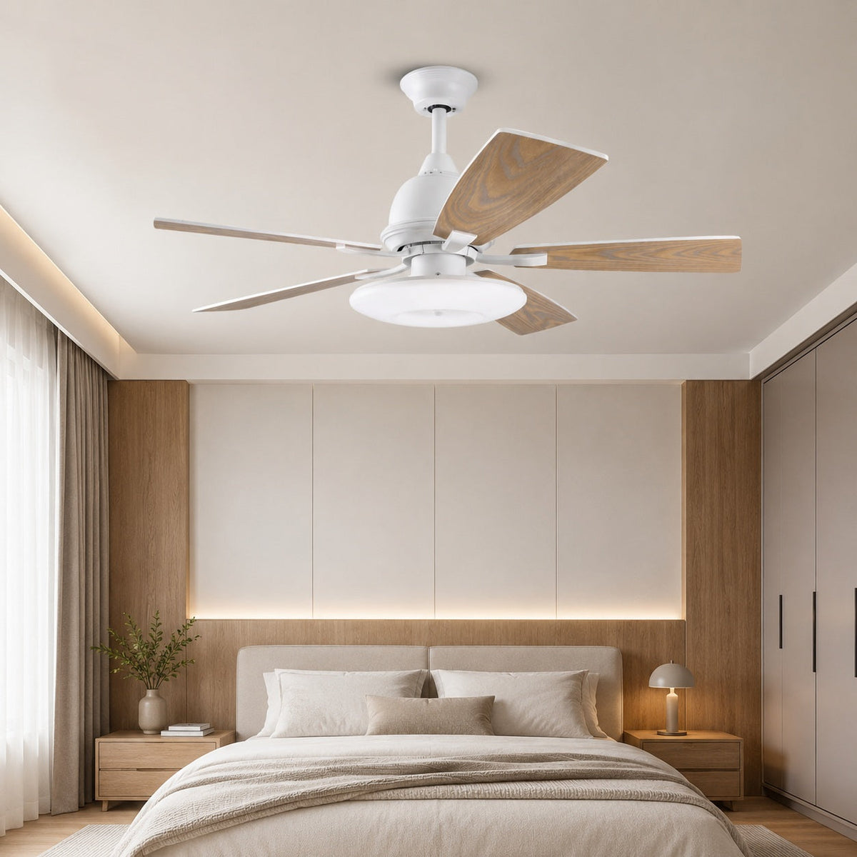 Plywood Blade Ceiling Fan with Glass Shade 50W Tri-Colour LED Light 132 cm