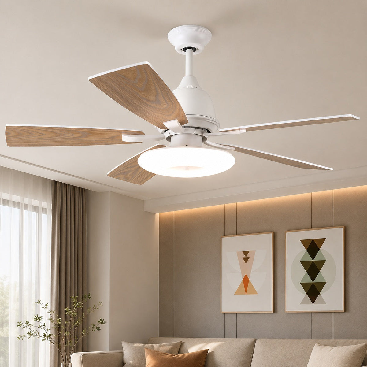 Plywood Blade Ceiling Fan with Glass Shade 50W Tri-Colour LED Light 132 cm