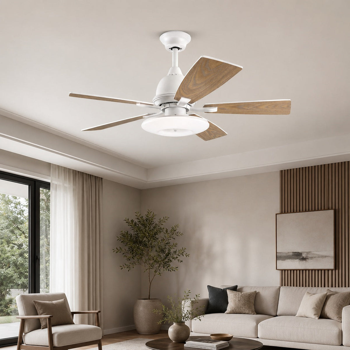 Plywood Blade Ceiling Fan with Glass Shade 50W Tri-Colour LED Light 132 cm