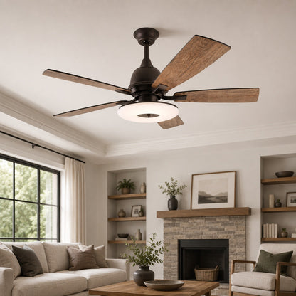 Plywood Blade Ceiling Fan with Glass Shade 50W Tri-Colour LED Light 132 cm