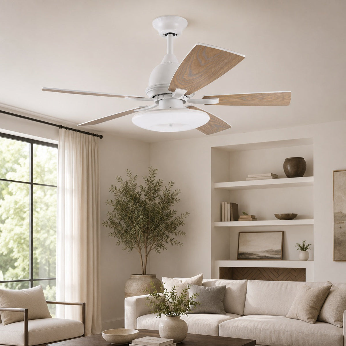 Plywood Blade Ceiling Fan with Glass Shade 50W Tri-Colour LED Light 132 cm