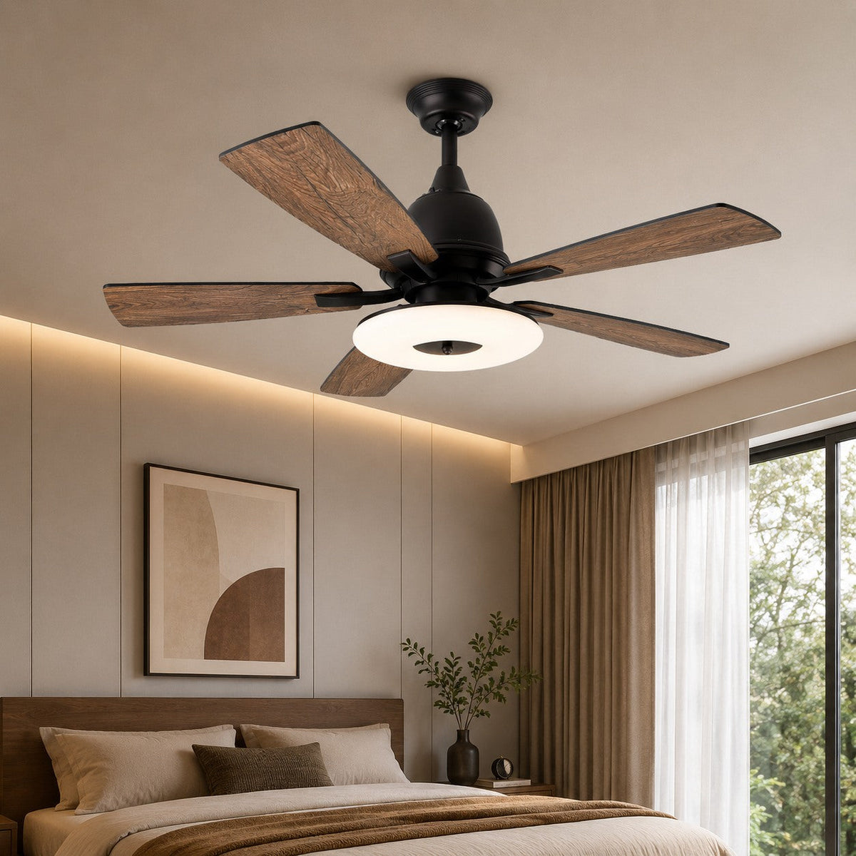 Plywood Blade Ceiling Fan with Glass Shade 50W Tri-Colour LED Light 132 cm