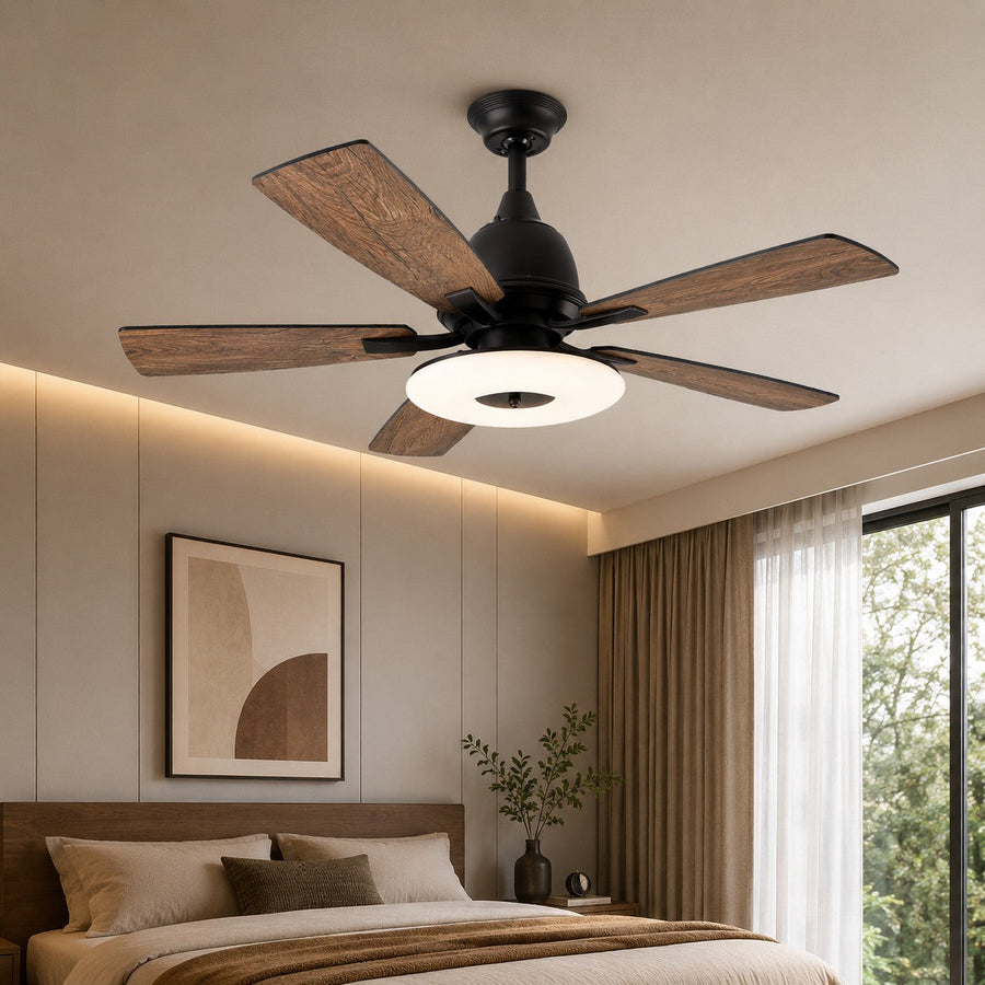 Plywood Blade Ceiling Fan with Glass Shade 50W Tri-Colour LED Light 132 cm