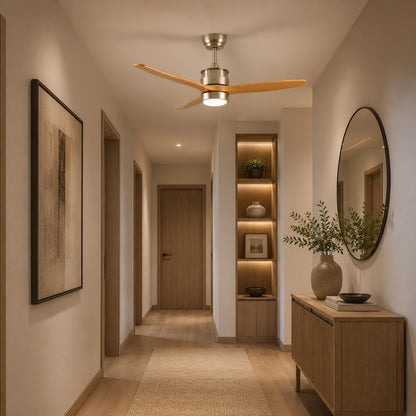 Three Blade Wood Ceiling Fan with Glass Shade LED Light Sand Nickel or Black
