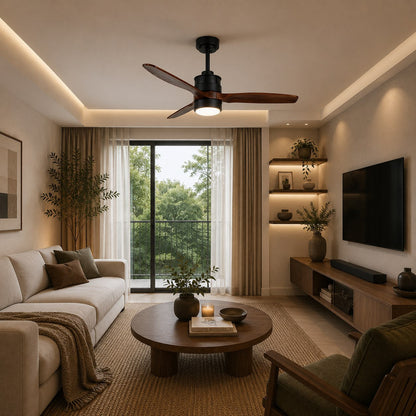 Three Blade Wood Ceiling Fan with Glass Shade LED Light Sand Nickel or Black