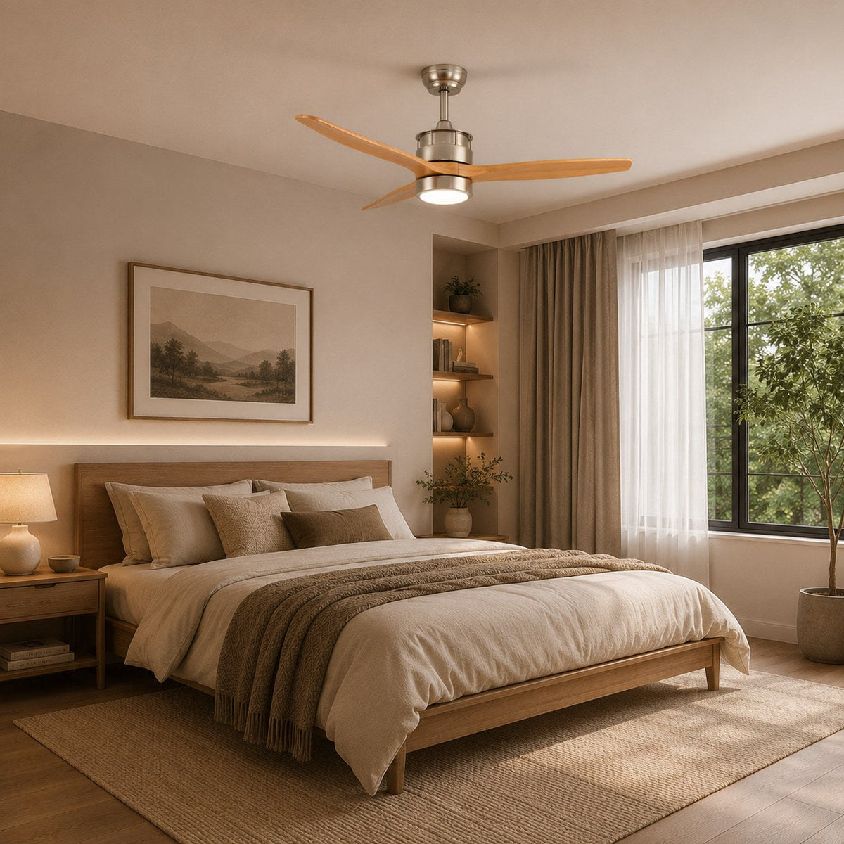 Three Blade Wood Ceiling Fan with Glass Shade LED Light Sand Nickel or Black