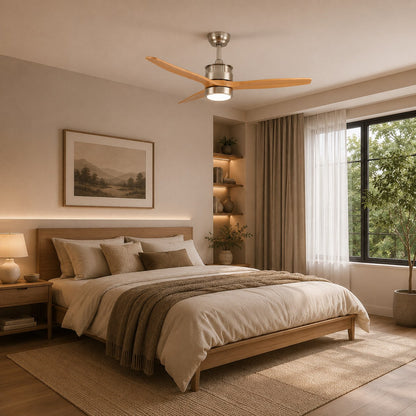 Three Blade Wood Ceiling Fan with Glass Shade LED Light Sand Nickel or Black