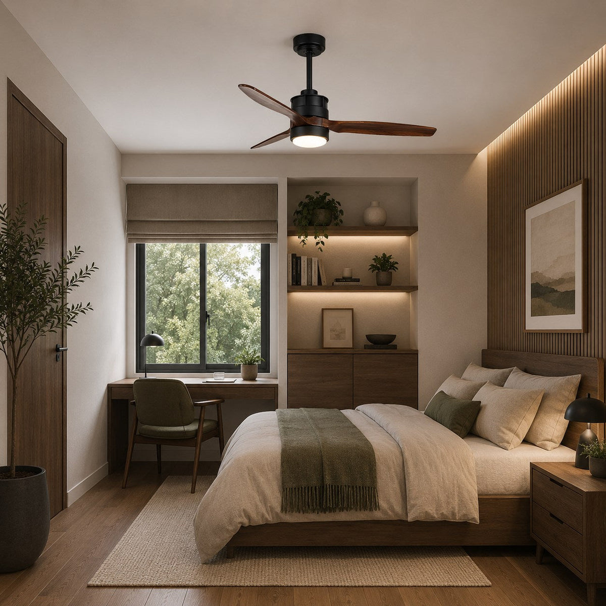 Three Blade Wood Ceiling Fan with Glass Shade LED Light Sand Nickel or Black
