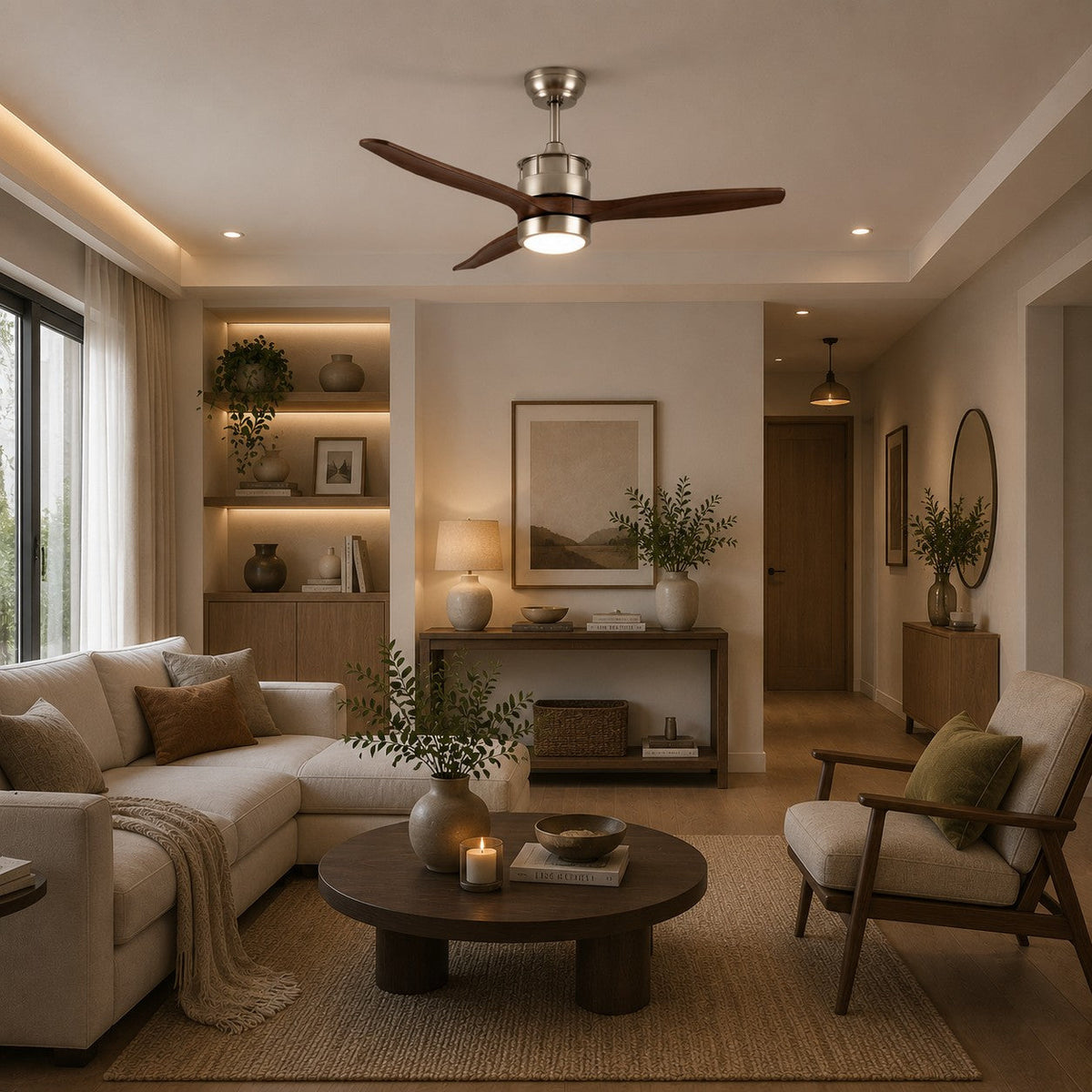 Three Blade Wood Ceiling Fan with Glass Shade LED Light Sand Nickel or Black