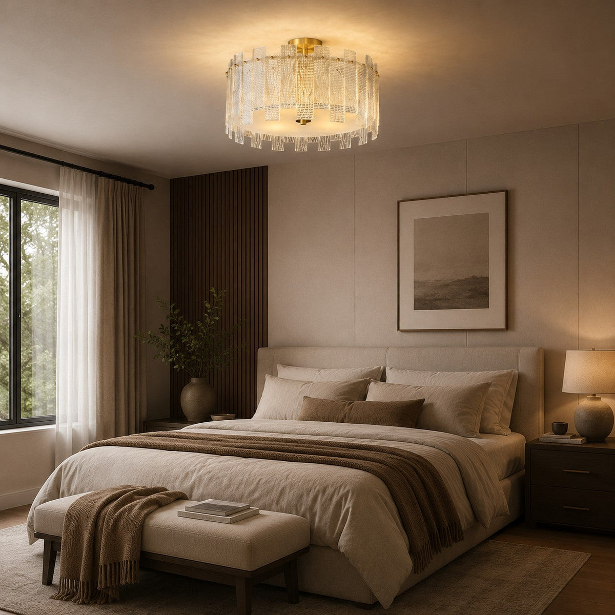 Textured Glass Semi-Flush Ceiling Light Copper Frame LED Warm Ambient