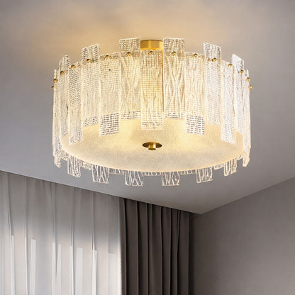 Textured Glass Semi-Flush Ceiling Light Copper Frame LED Warm Ambient