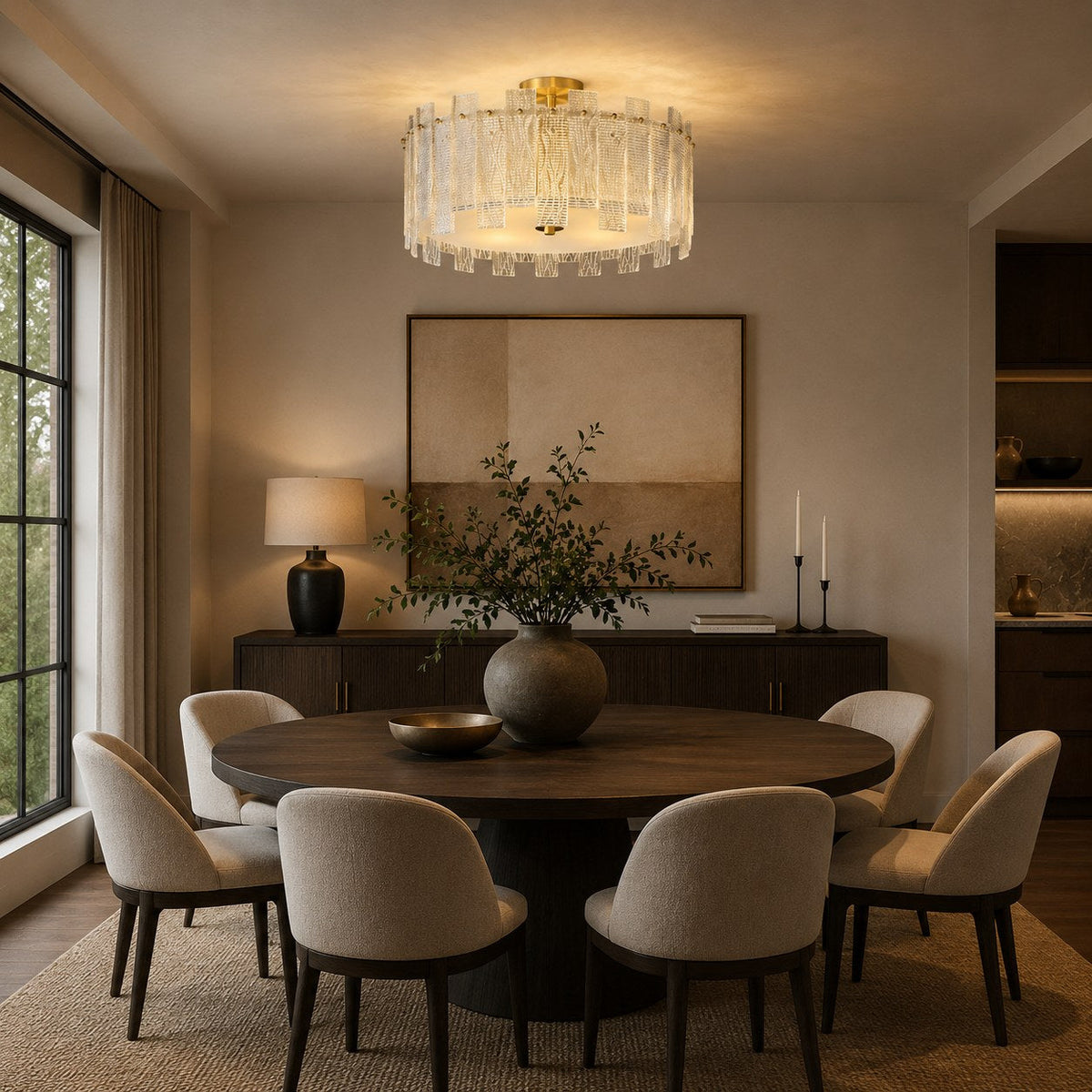 Textured Glass Semi-Flush Ceiling Light Copper Frame LED Warm Ambient