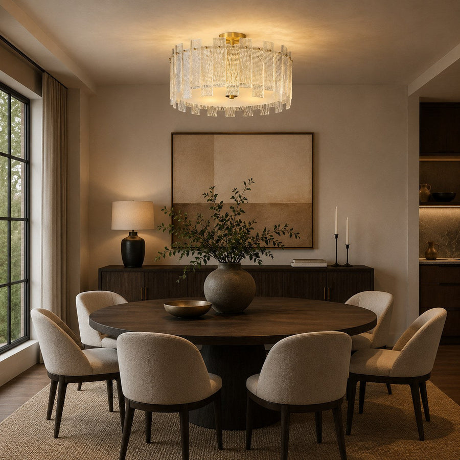 Textured Glass Semi-Flush Ceiling Light Copper Frame LED Warm Ambient