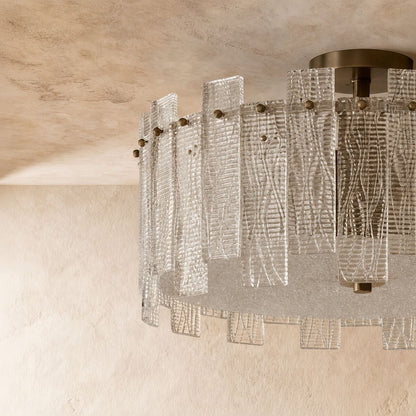 Textured Glass Semi-Flush Ceiling Light Copper Frame LED Warm Ambient